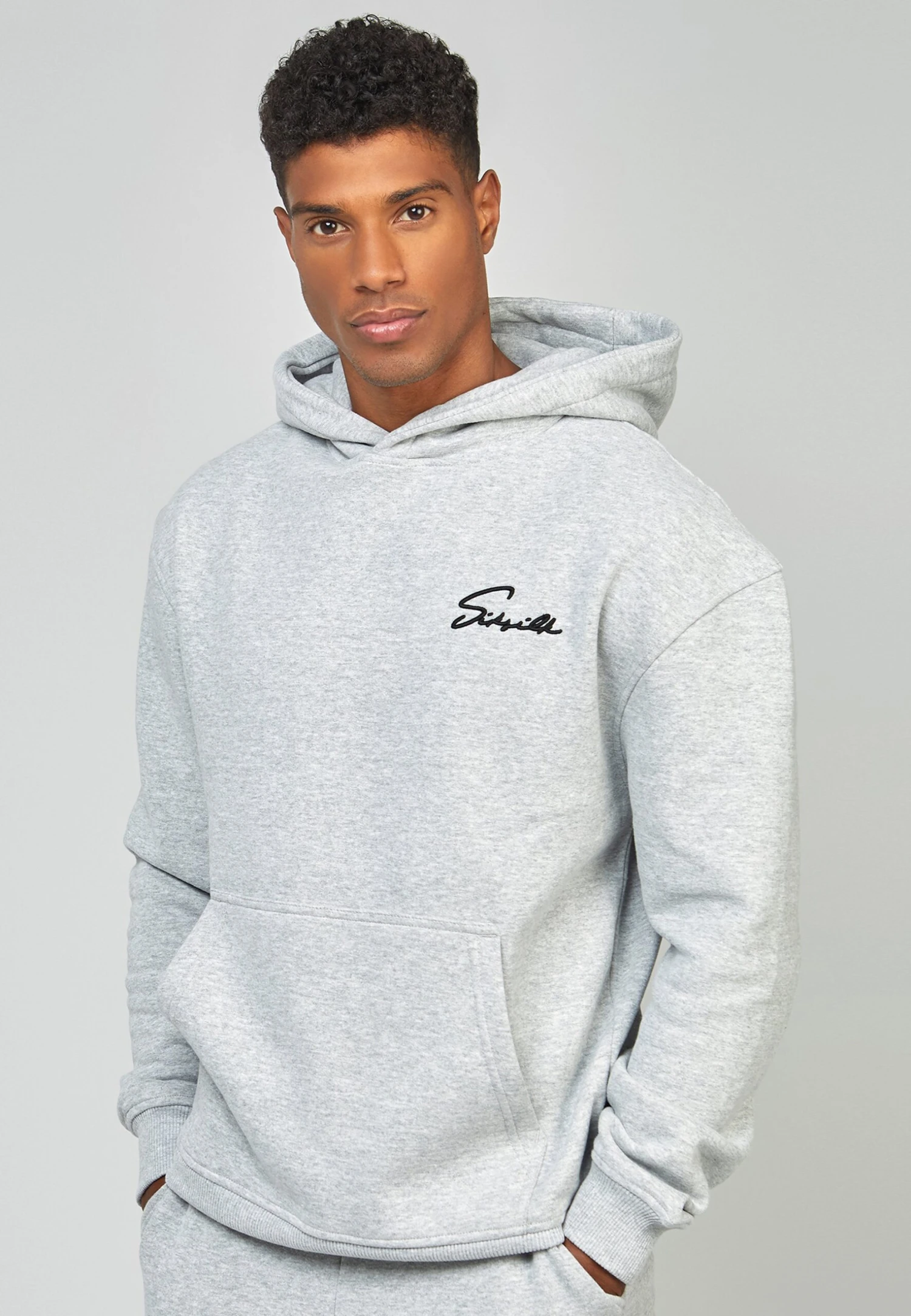 SikSilk Script Embroidery- Hoodie - Grey Marl 1 SikSilk Script Embroidery- Hoodie - Grey Marl